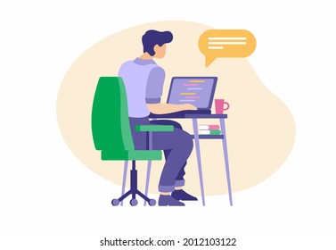 Trabajando como operador web. Carácter masculino en el portátil correspondiente en el chat en línea con el cliente. Asistencia tecnológica y empresarial. El gerente de ventas está hablando con el comprador en línea. Ilustración plana del vector