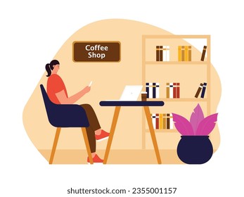 Trabajando en un café de ambiente tranquilo, hay libros disponibles para leer ilustraciones vectoriales de una cafetería.