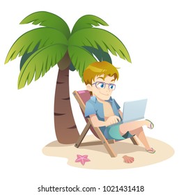 Working while vacation and relaxing on tropical sandy beach