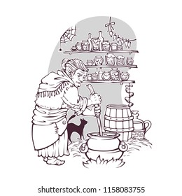 working witch, old lady making a magic potion, page for your Halloween coloring book