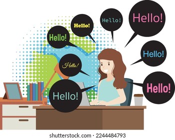 Working woman with bubble speech greeting illustration