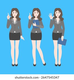 working woman, business woman in her dark suit. she holds her tablet, notebook with various posture. flat vector, illustration design.