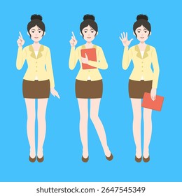 working woman, business woman in suit. she holds her tablet, notebook with various posture. flat vector, illustration design.