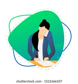 Working woman is calling phone and note massages. Vector illustration in flat style.