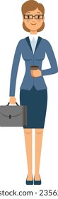 Working woman character. Professional businesswoman with briefcase and coffee cup