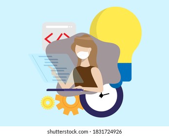 working woman with coding programmer cartoon vector illustration flat design