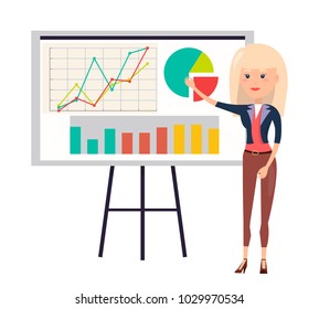 Working woman color poster, vector illustration of cute blonde in brown trousers and red t-shirt, set of varied schedules, isolated on white backdrop