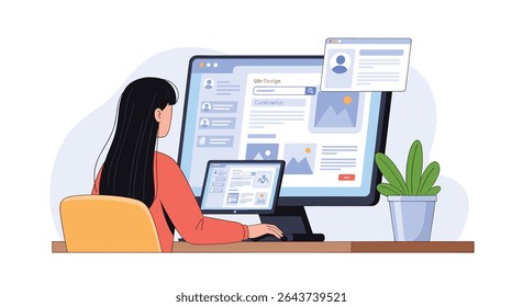Working Woman at a Computer Desk with Monitor and Laptop and Documents