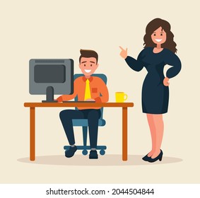 A working woman at a computer, next to which there is another employee. Vector illustration in a flat style.