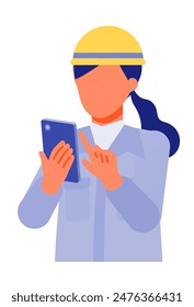 Working Woman. Concept for Problem Solving. Woman cartoon character. People face profiles avatars and icons. Close up image of smartphone Woman. Vector flat illustration.
