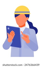 Working Woman. Concept for Problem Solving. Woman cartoon character. People face profiles avatars and icons. Close up image of tablet Woman. Vector flat illustration.