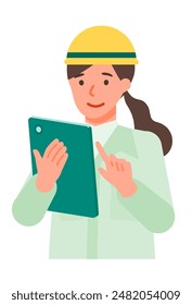 Working Woman. Concept for Problem Solving. Woman cartoon character. People face profiles avatars and icons. Close up image of tablet Woman. Vector flat illustration.