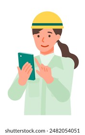 Working Woman. Concept for Problem Solving. Woman cartoon character. People face profiles avatars and icons. Close up image of smartphone Woman. Vector flat illustration.