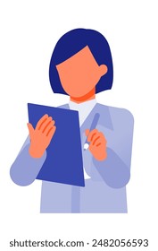 Working Woman. Concept for Problem Solving. Woman cartoon character. People face profiles avatars and icons. Close up image of Woman writing. Vector flat illustration.
