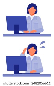 Working Woman. Concept for Problem Solving. Woman cartoon character. People face profiles avatars and icons. Close up image of PC Woman. Vector flat illustration.