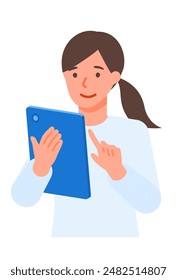 Working Woman. Concept for Problem Solving. Woman cartoon character. People face profiles avatars and icons. Close up image of tablet Woman. Vector flat illustration.