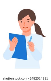 Arbeitende Frau. Konzept zur Problemlösung. Eine Zeichentrickfigur. Menschen sehen sich Profilavataren und Symbolen gegenüber. Nahaufnahme Bild von Woman Writing. Vektorgrafik flache Abbildung.