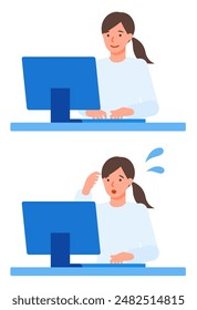 Mujer Trabajadora. Concepto para la resolución de problemas. Personaje de dibujos animados. Personas cara perfiles avatares e iconos. Primer plano de la Imagen de PC Woman. Ilustración plana de Vector.