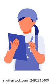 Working Woman. Concept for Problem Solving. Woman cartoon character. People face profiles avatars and icons. Close up image of Woman writing. Vector flat illustration.