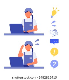 Working Woman. Concept for Problem Solving. Woman cartoon character. People face profiles avatars and icons. Close up image of PC Woman. Vector flat illustration.
