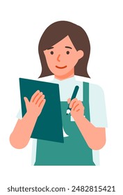 Working Woman. Concept for Problem Solving. Woman cartoon character. People face profiles avatars and icons. Close up image of Woman writing. Vector flat illustration.