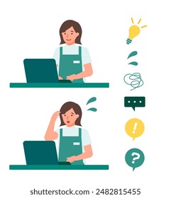 Working Woman. Concept for Problem Solving. Woman cartoon character. People face profiles avatars and icons. Close up image of PC Woman. Vector flat illustration.