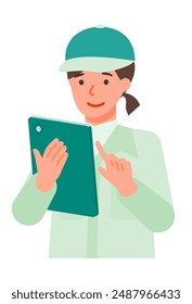 Working Woman. Concept for Problem Solving. Woman cartoon character. People face profiles avatars and icons. Close up image of tablet Woman. Vector flat illustration.