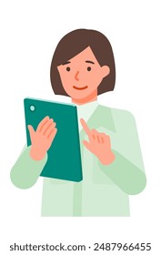 Working Woman. Concept for Problem Solving. Woman cartoon character. People face profiles avatars and icons. Close up image of tablet Woman. Vector flat illustration.