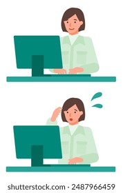 Working Woman. Concept for Problem Solving. Woman cartoon character. People face profiles avatars and icons. Close up image of PC Woman. Vector flat illustration.