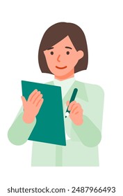 Working Woman. Concept for Problem Solving. Woman cartoon character. People face profiles avatars and icons. Close up image of Woman writing. Vector flat illustration.