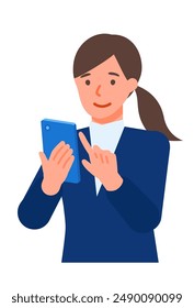Working Woman. Concept for Problem Solving. Woman cartoon character. People face profiles avatars and icons. Close up image of smartphone Woman. Vector flat illustration.