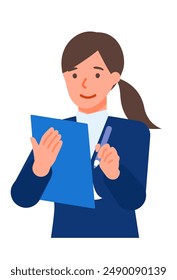Arbeitende Frau. Konzept zur Problemlösung. Eine Zeichentrickfigur. Menschen sehen sich Profilavataren und Symbolen gegenüber. Nahaufnahme Bild von Woman Writing. Vektorgrafik flache Abbildung.