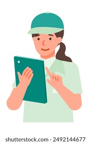 Working Woman. Concept for Problem Solving. Woman cartoon character. People face profiles avatars and icons. Close up image of tablet Woman. Vector flat illustration.