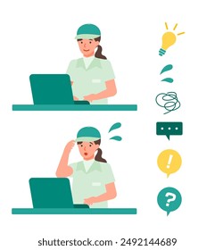 Working Woman. Concept for Problem Solving. Woman cartoon character. People face profiles avatars and icons. Close up image of PC Woman. Vector flat illustration.