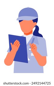 Working Woman. Concept for Problem Solving. Woman cartoon character. People face profiles avatars and icons. Close up image of Woman writing. Vector flat illustration.
