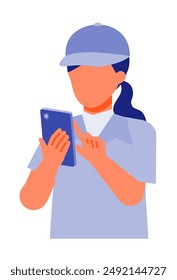 Working Woman. Concept for Problem Solving. Woman cartoon character. People face profiles avatars and icons. Close up image of smartphone Woman. Vector flat illustration.