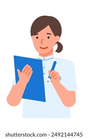 Working Woman. Concept for Problem Solving. Woman cartoon character. People face profiles avatars and icons. Close up image of Woman writing. Vector flat illustration.