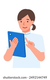 Working Woman. Concept for Problem Solving. Woman cartoon character. People face profiles avatars and icons. Close up image of tablet Woman. Vector flat illustration.