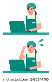 Working Woman. Concept for Problem Solving. Woman cartoon character. People face profiles avatars and icons. Close up image of PC Woman. Vector flat illustration.