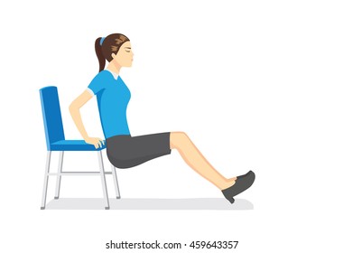 Working woman doing office stretching exercises with office chairs in working time.
