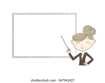 A working woman holding a pointer in front of a whiteboard