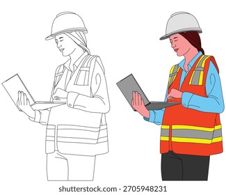 Mujer que trabaja con el ordenador portátil que comprueba el Plan del trabajo y los Actualizar en lugar de trabajo, Ilustraciones vectoriales dibujadas a mano del estilo de la línea