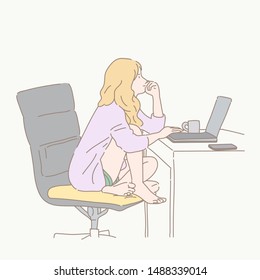 working woman with laptop at home hand drawn style vector doodle design illustrations.