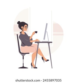 Mujer trabajadora en la oficina trabajando en la computadora y tomando café. Chica joven con café sentado en el escritorio. Trabajadora moderna en interior de oficina. Ilustración aislada de Vector de dibujos animados.