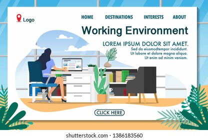 A working woman in the  office. Website template style with copy space for text -working environment concept