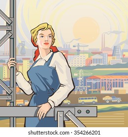 Working woman on the background of vast landscape of growing industrial country with fields and rivers,roads full of traffic, buildings, plants, factories, smoking pipes,cranes,construction facilities