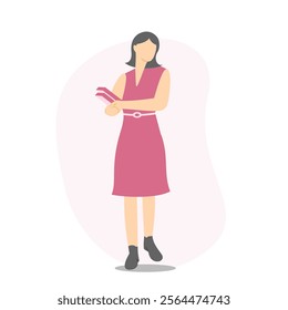 A working woman with short hair is wearing a pink dress and holding a book.