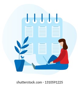 Working woman sitting with a laptop. Social network concept. Freelance remote work. Flat vector concept illustration isolated on white background