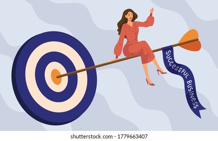 Working woman sitting on arrow with target and " successful business" flag. Concept of business goal, successful project, job, working, get a promotion, success person. Flat vector illustration.