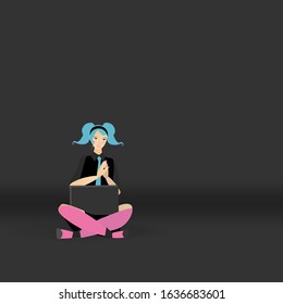 Working woman sitting on the floor wo, freelance successful job. Female  manager at a remote job, online assistant at work, promotion in the network. Cute cartoon vector illustration for web and print
